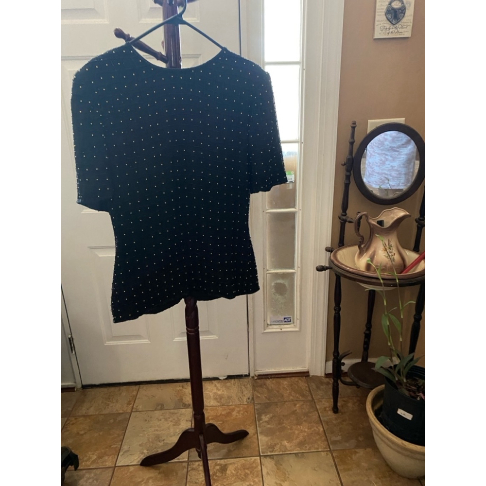 Women's Scala Top XL Black Gold Beaded Silk Party Blouse